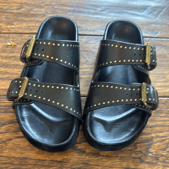 Isabel Marant Shoes - Isabel Marant Black Leather Studded Double-Buckle Slide Sandals